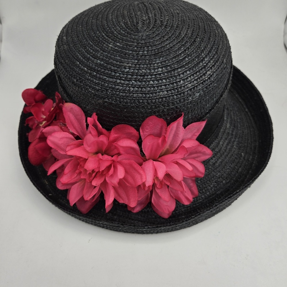 Betmar New York Black Straw Hat Pink Floral Accent Derby Polo Chic Summer - Picture 4 of 6